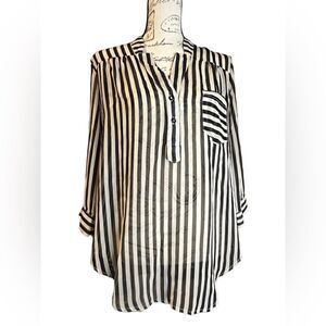 DNA Couture stripes Black Taupe Sheer Top size Large EUC tab sleeves